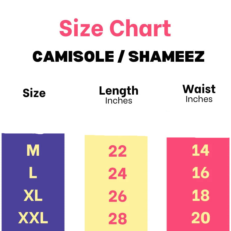 Camisole tank top for women size chart