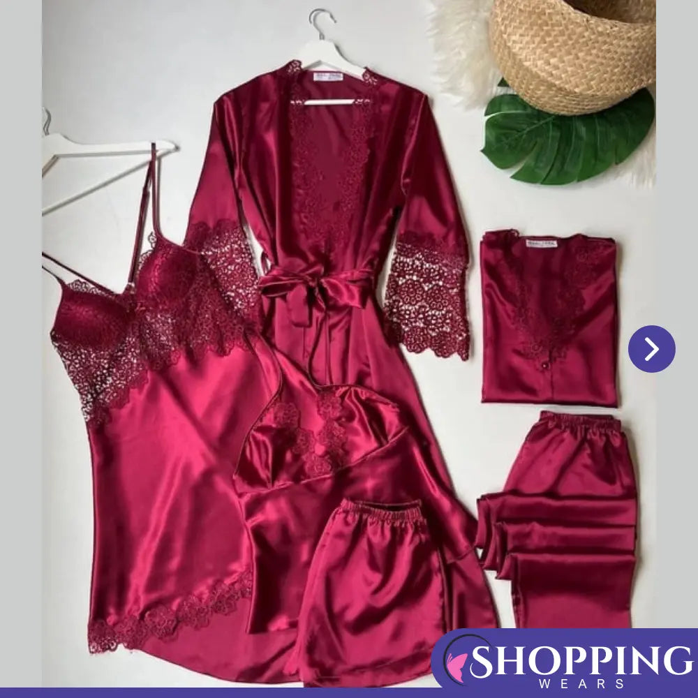 Maroon Nightgown Dressing Gown Set 6-Piece