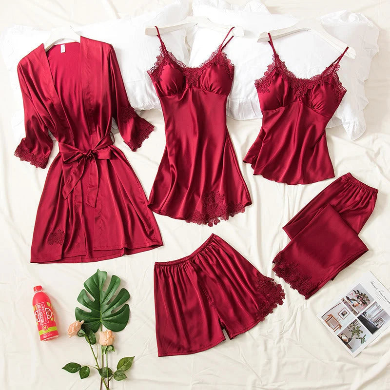 5 Piece Royal Bridal Silk Nightgown Set for Women in Pakistan