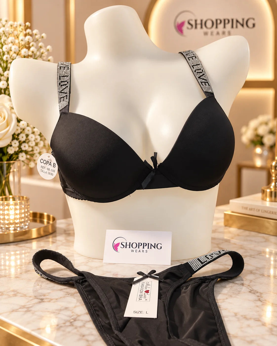 LOVE Rhinestone Strap Double Padded Bra Set for Women Pakistan