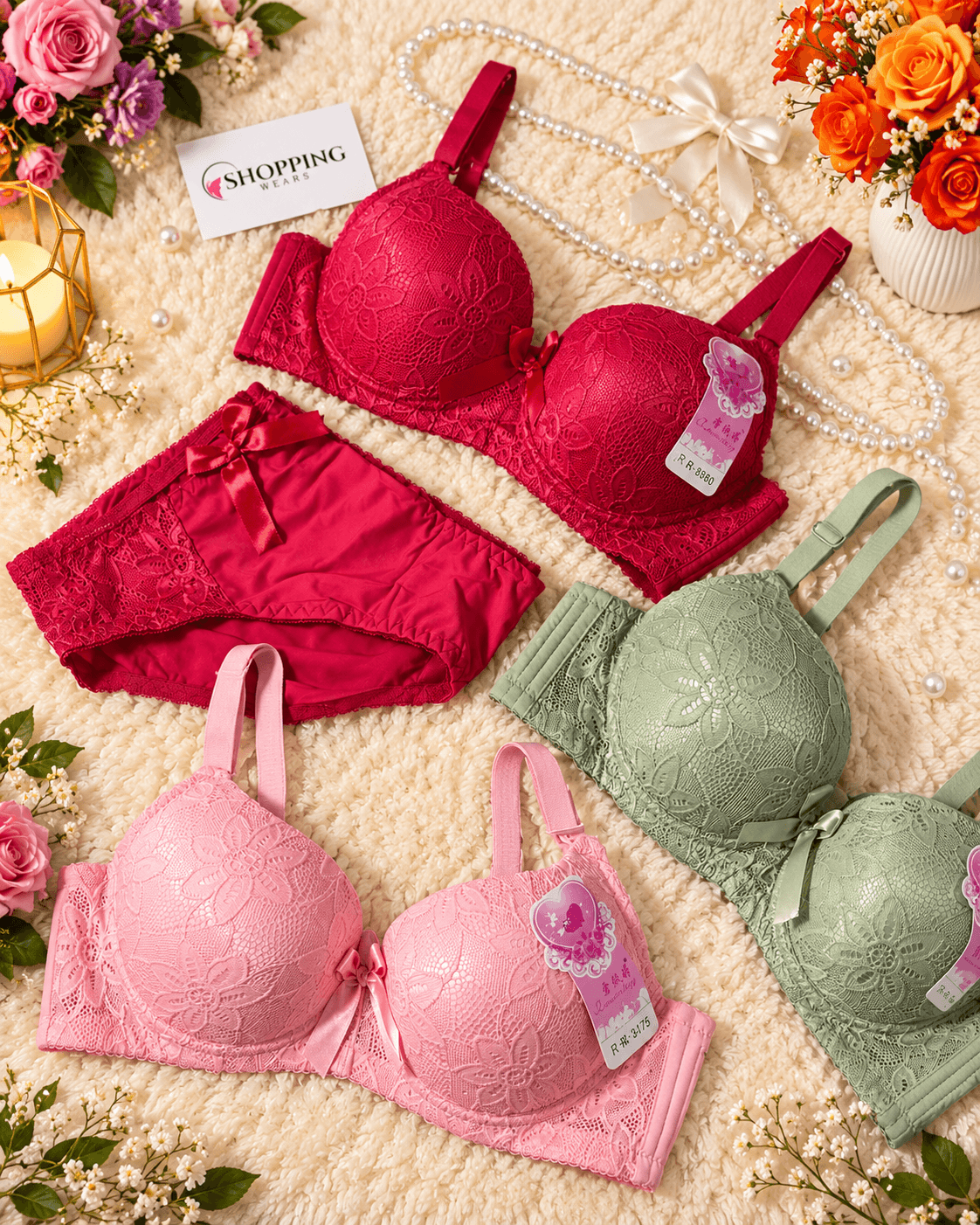 Premium Floral Lace Bra & Panty Set for Women – Sizes 32–38