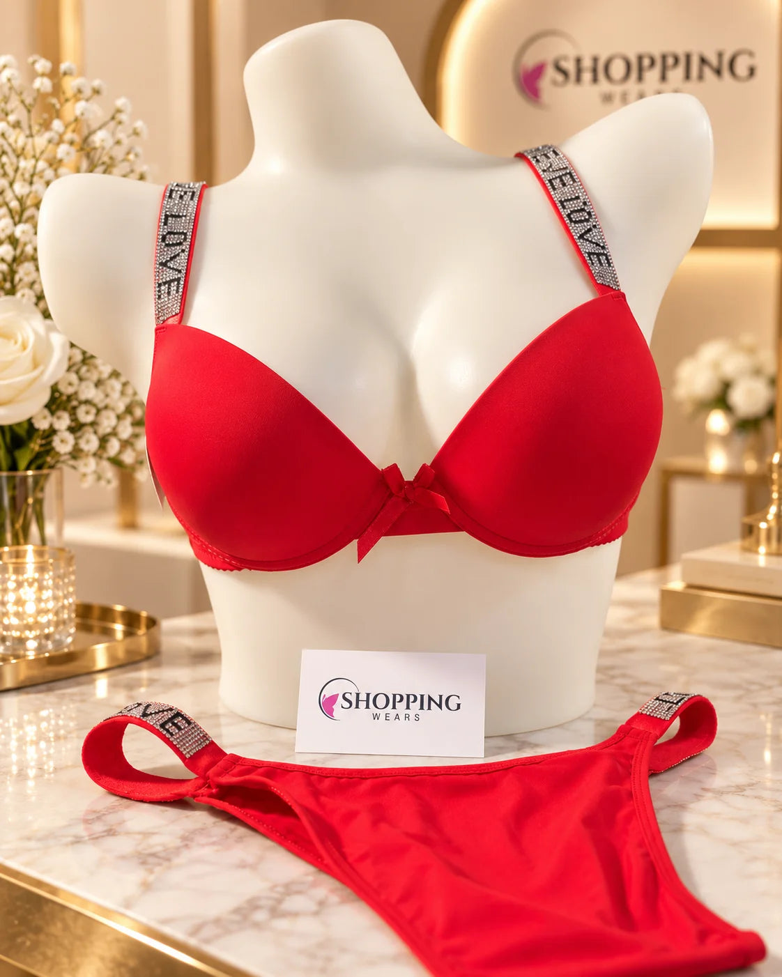 LOVE Rhinestone Strap Double Padded Bra Set for Women Pakistan