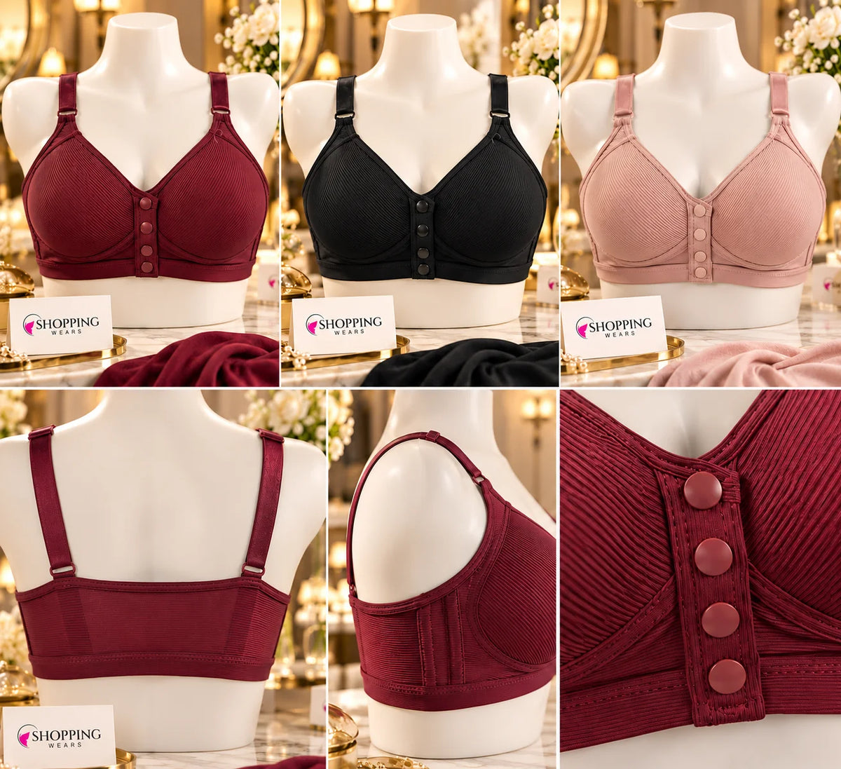 Front Button Closure Detail on Women's Padded Bra