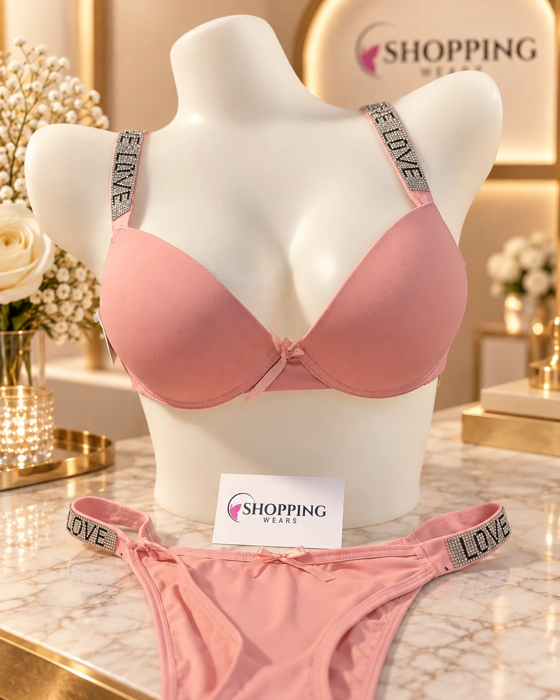 LOVE Rhinestone Strap Double Padded Bra Set for Women Pakistan