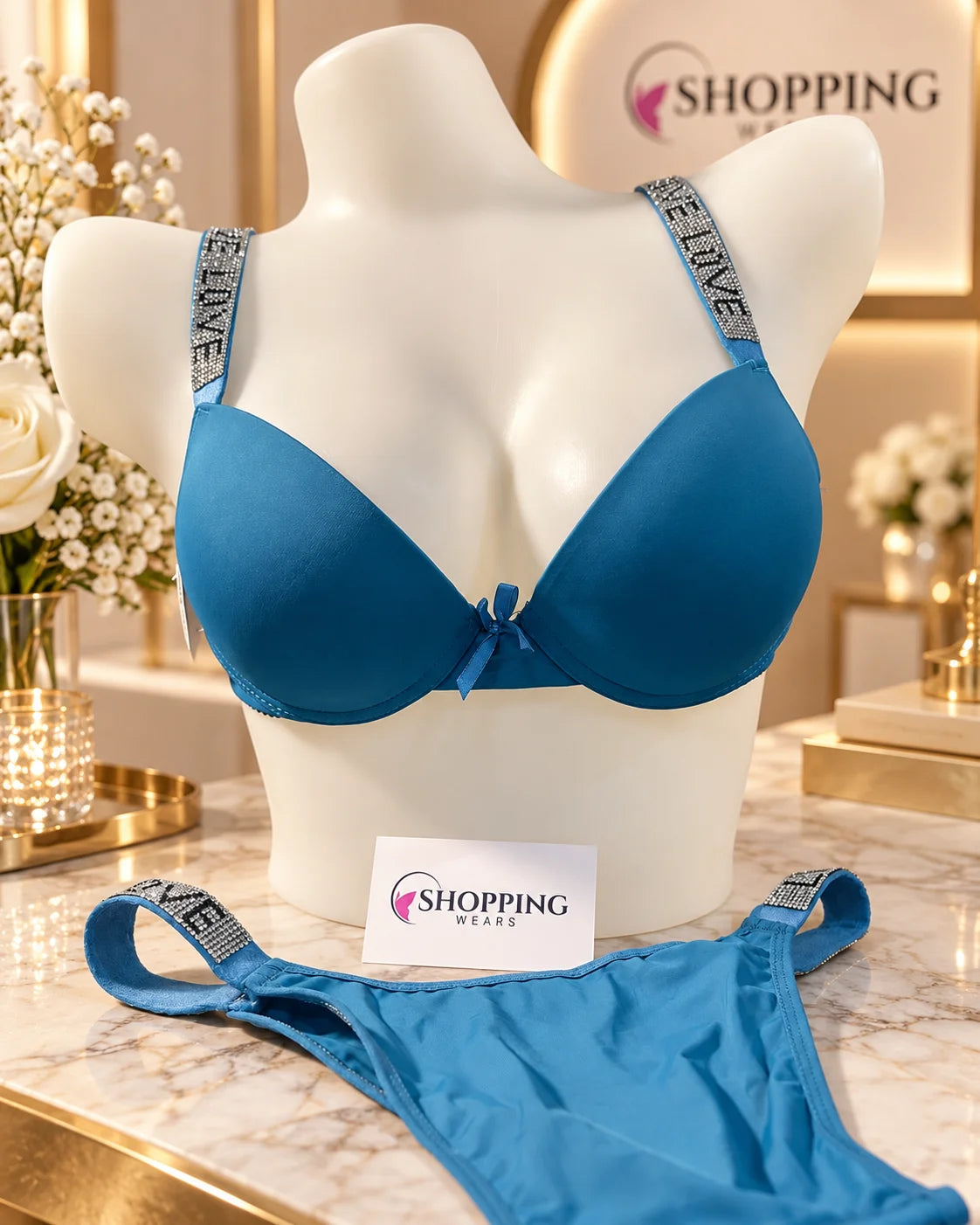 LOVE Rhinestone Strap Double Padded Bra Set for Women Pakistan