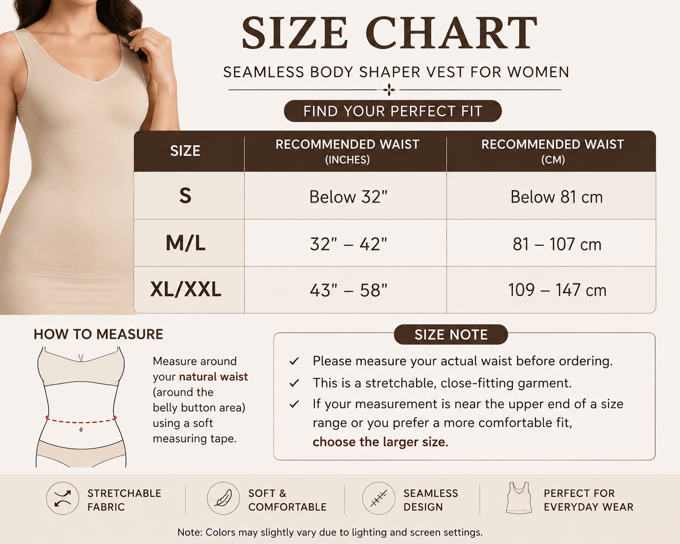Seamless Body Shaper Vest for Women size chart in Pakistan