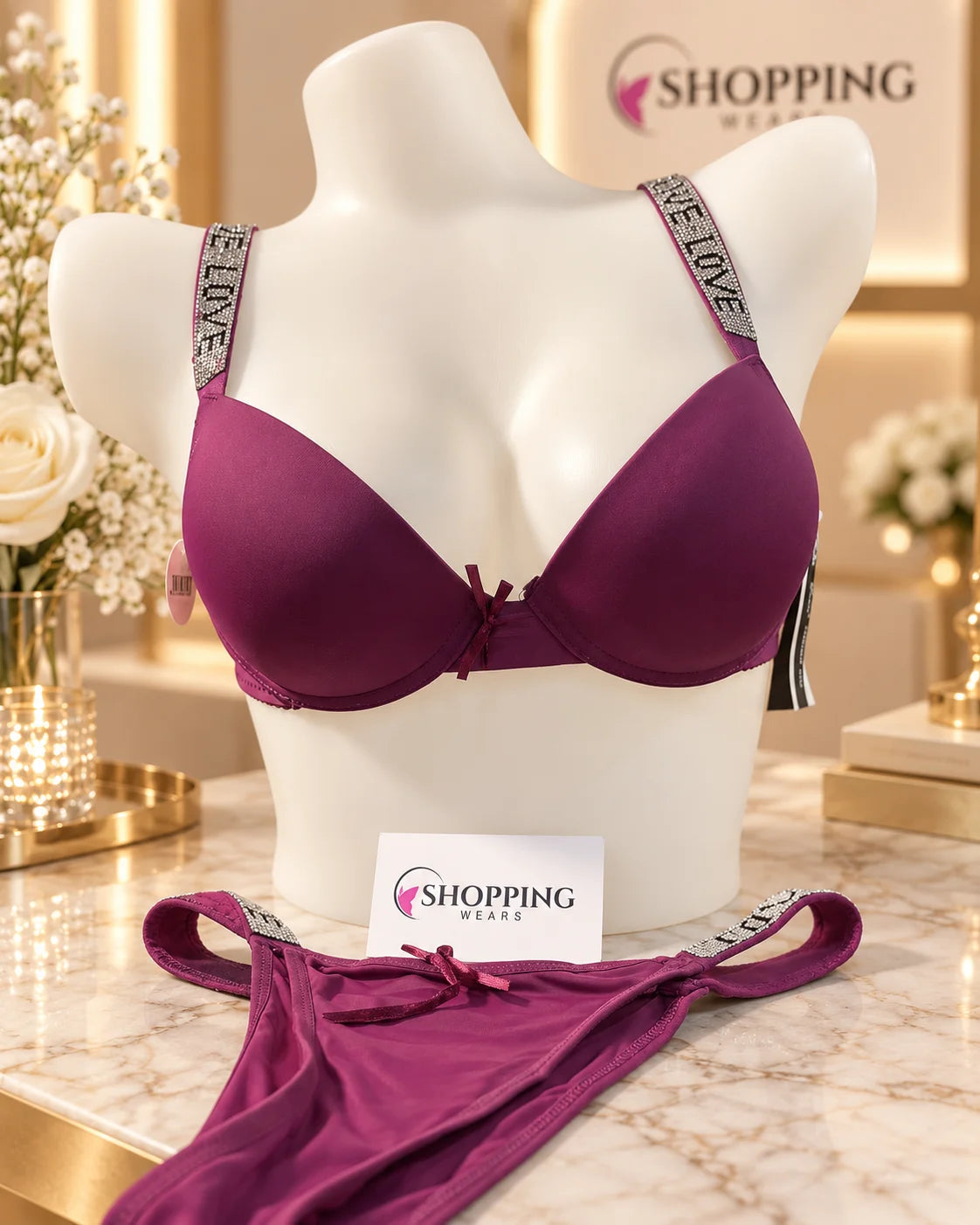 LOVE Rhinestone Strap Double Padded Bra Set for Women Pakistan